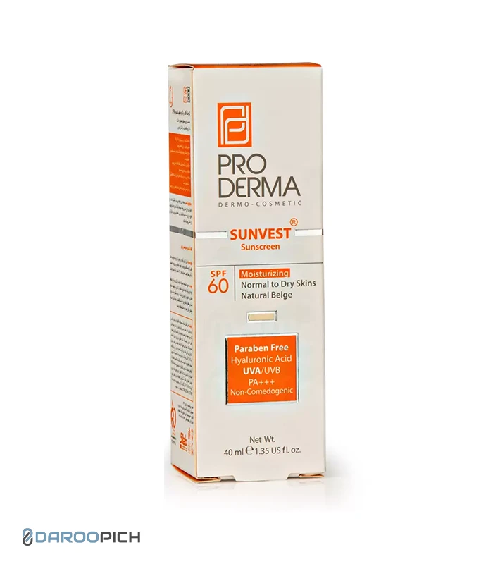 Proderma-Sunvest-Sunscreen-SPF60-BEIGE.webp کرم ضد آفتاب و مرطوب کننده رنگی پرودرما SPF60 - تصویر 1