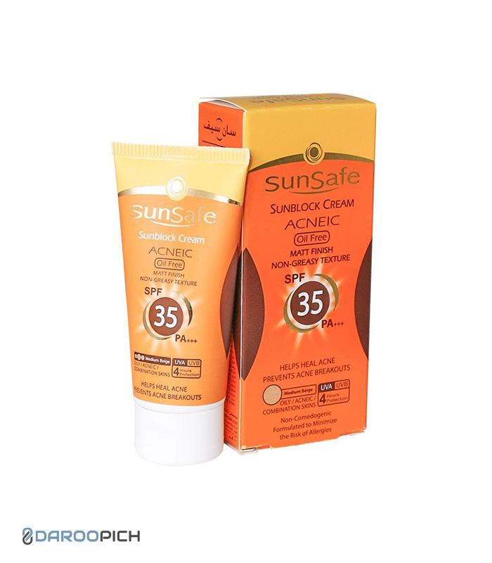 Sunsafe-Sunsblock-Cream-SPF35-Acneic-Oil-Free.jpg سان سیف کرم ضد آفتاب SPF35 رنگی بژ متوسط فاقد چربی 50 میلی لیتر - تصویر 1