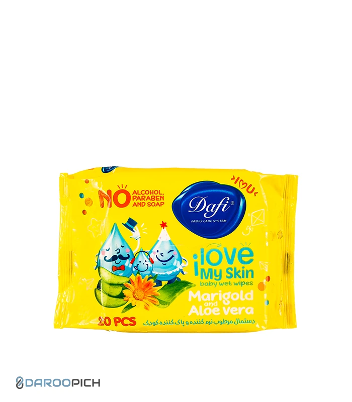 dafi-baby-we-wipes-20pcs.webp دستمال مرطوب نرم کننده و پاک کننده کودک دافی بسته 20 عددی - تصویر 1
